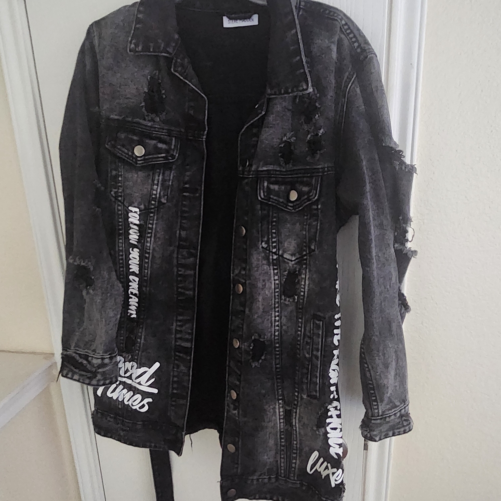 Distressed Black Denim Jacket with White Accents